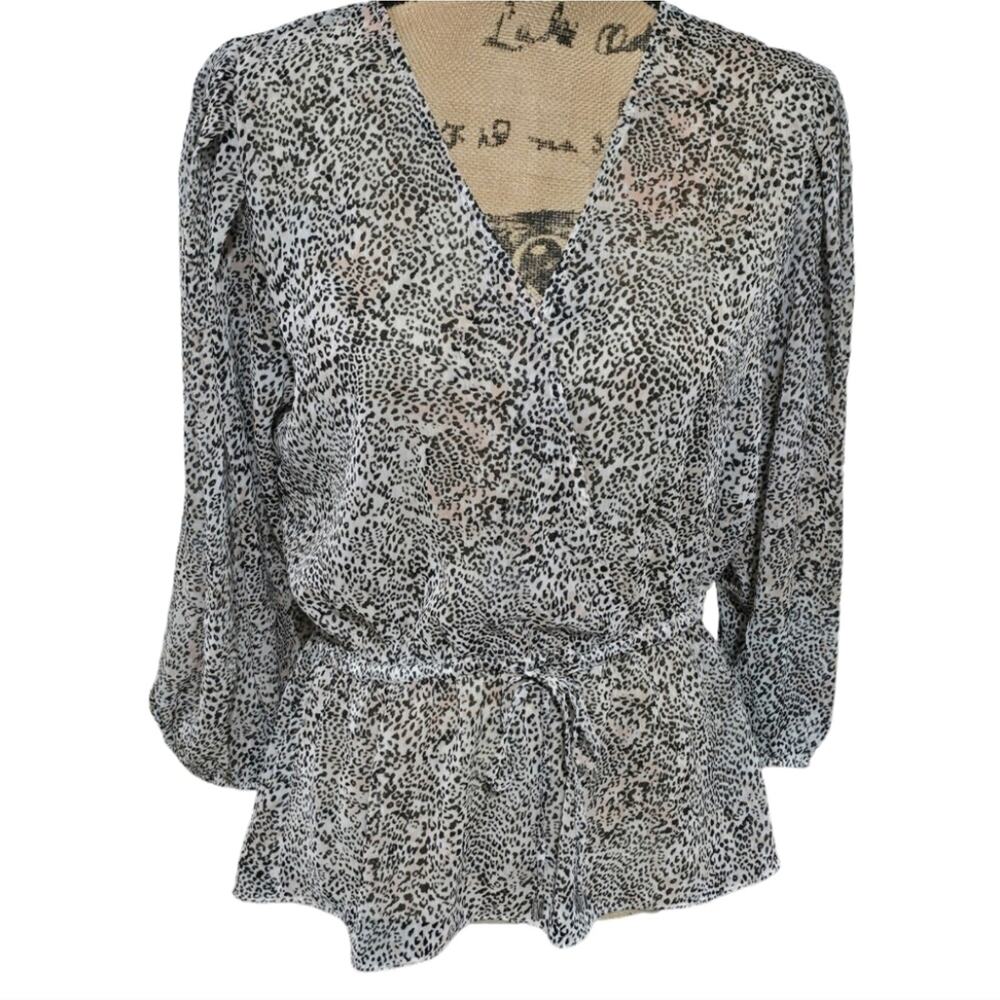 DKNY Womens Leopard Print V-Neck Wrap Blouse Black White Small 3/4 Sleeve Top